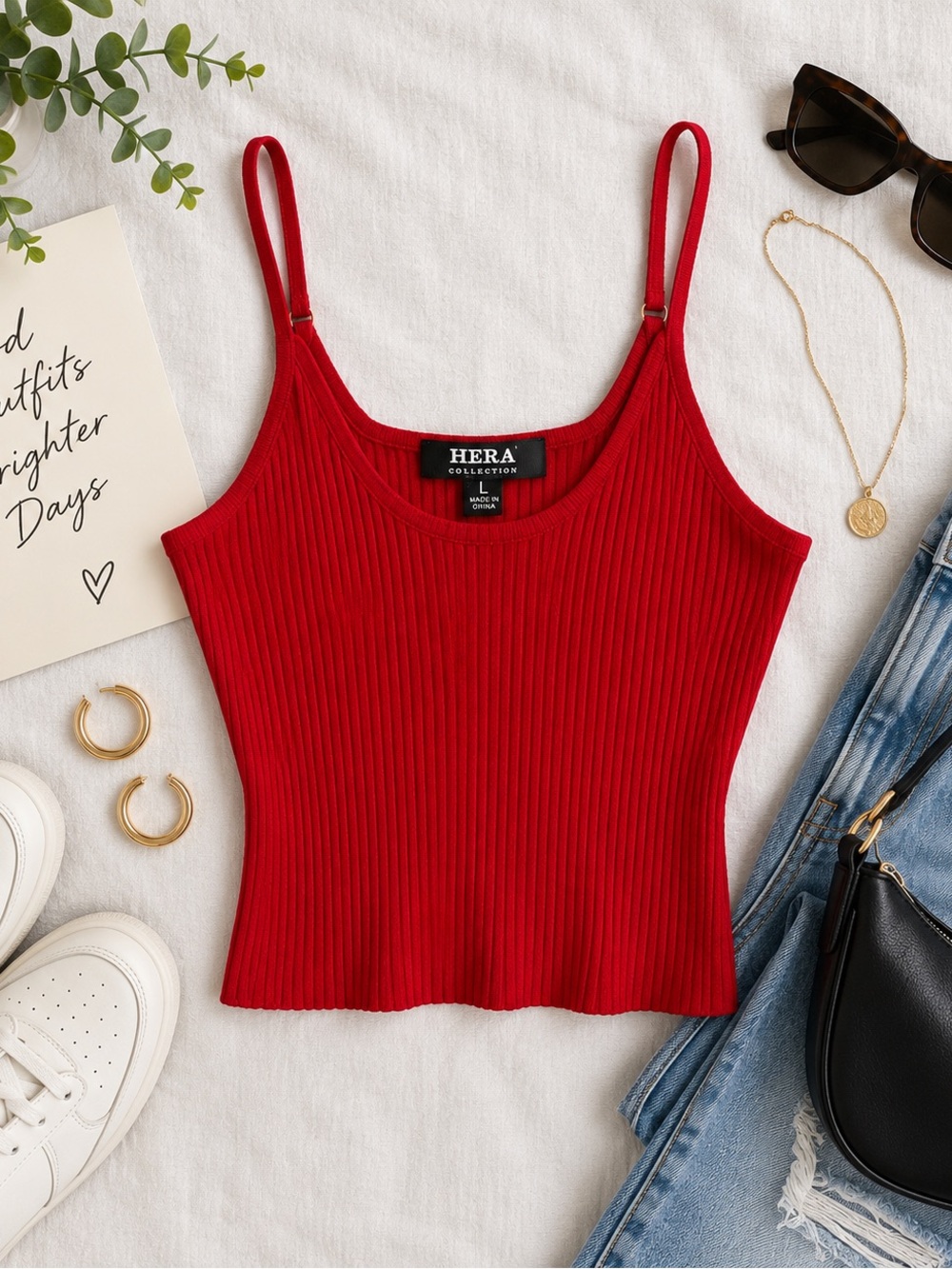 Hera Collection Red Ribbed Spaghetti Strap Cami
